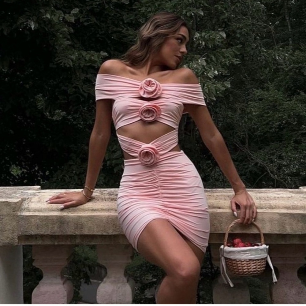 Miss Circle Off the Shoulder Ruched Flower Detail Mini Dress